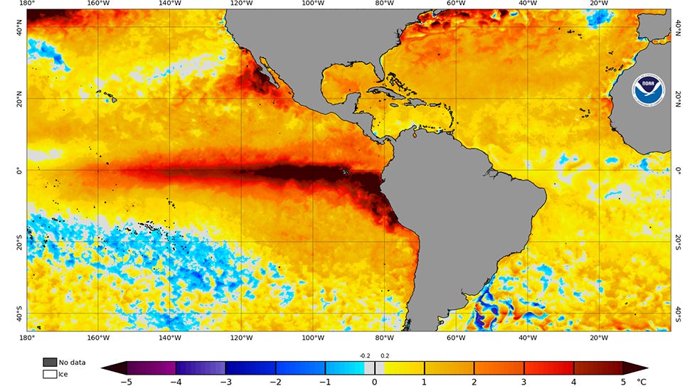 Map of the Pacific Ocean showing elevated sea surface temperatures
