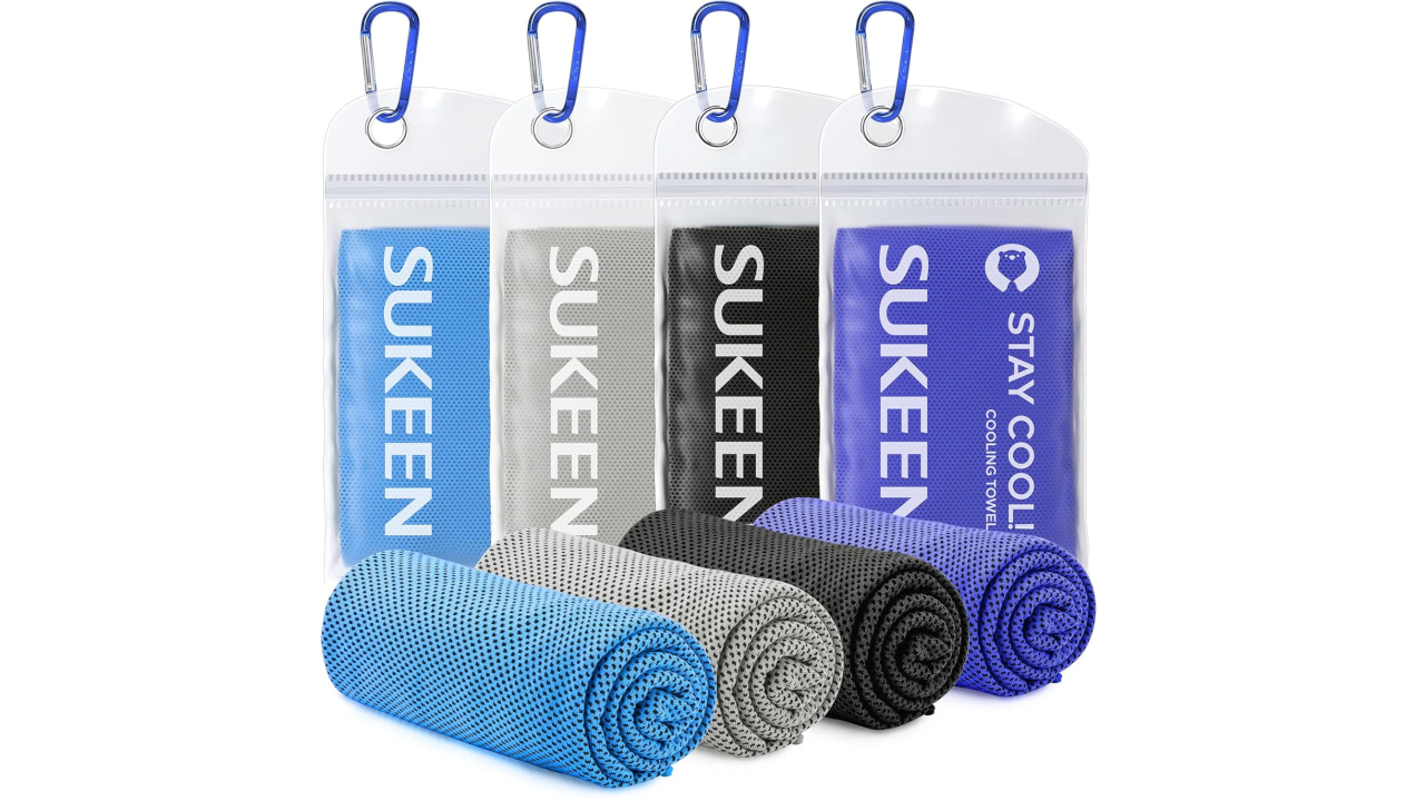 Four SUKEEN cooling towels in different colors (blue, gray, black, and purple) with carabiners, displayed both rolled up and in clear packaging cases