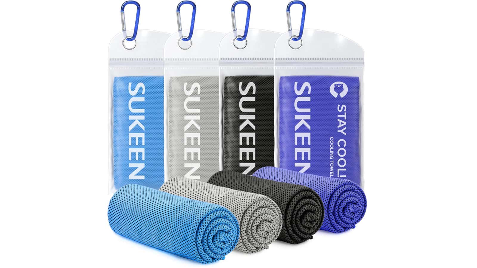 Four SUKEEN cooling towels in different colors (blue, gray, black, and purple) with carabiners, displayed both rolled up and in clear packaging cases