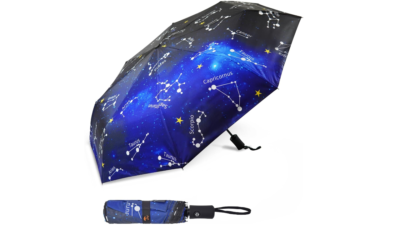 Dark blue umbrella with constellation patterns featuring zodiac signs like Capricornus, Scorpio, and Taurus with connected star dots and labels