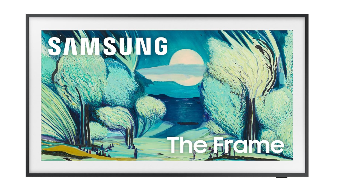 Samsung The Frame TV displaying an artistic landscape with stylized green trees, blue sky, and small figures in a pastoral scene