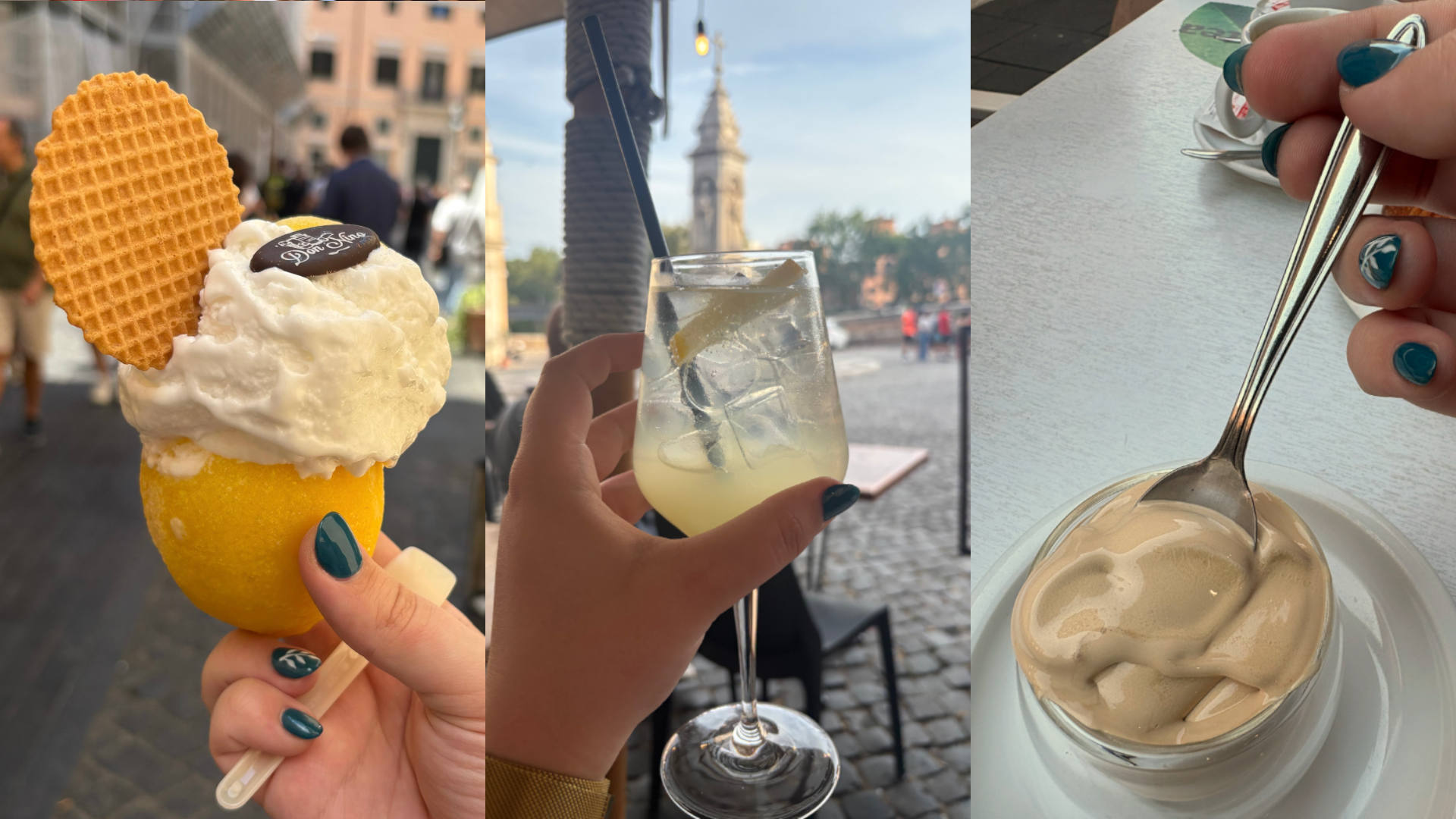 Hands holding lemon sorbet, a citrus drink, and a cup of caffe di crema at an outdoor caf&eacute;