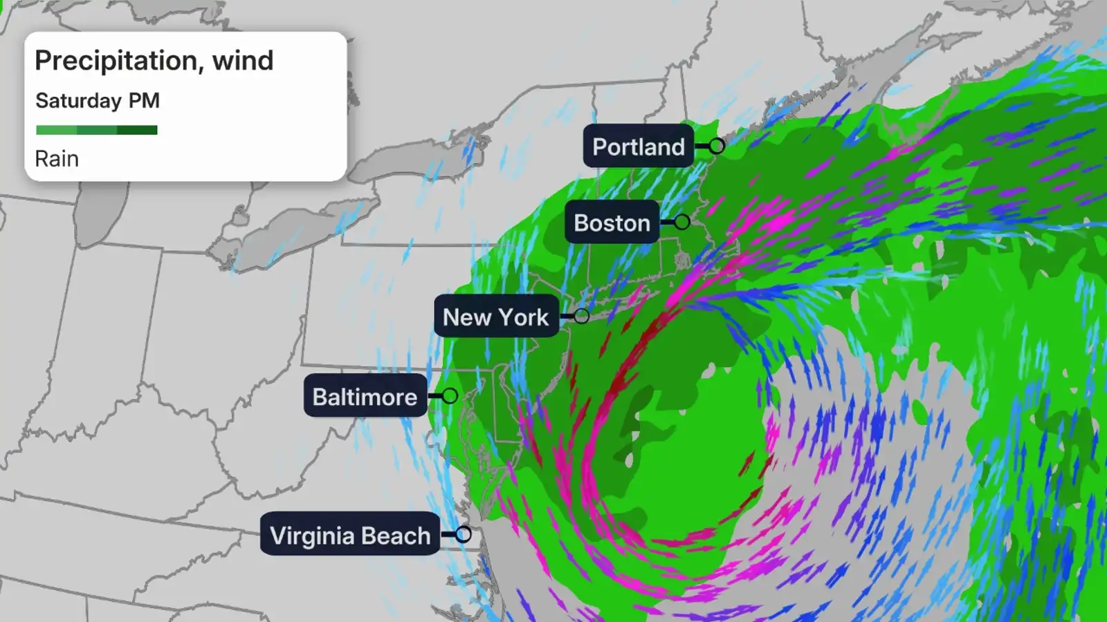 Weather map showing precipitation and wind forecast for Saturday PM along the US East Coast, with a spiral storm system near New York, Boston, Baltimore, and Virginia Beach.