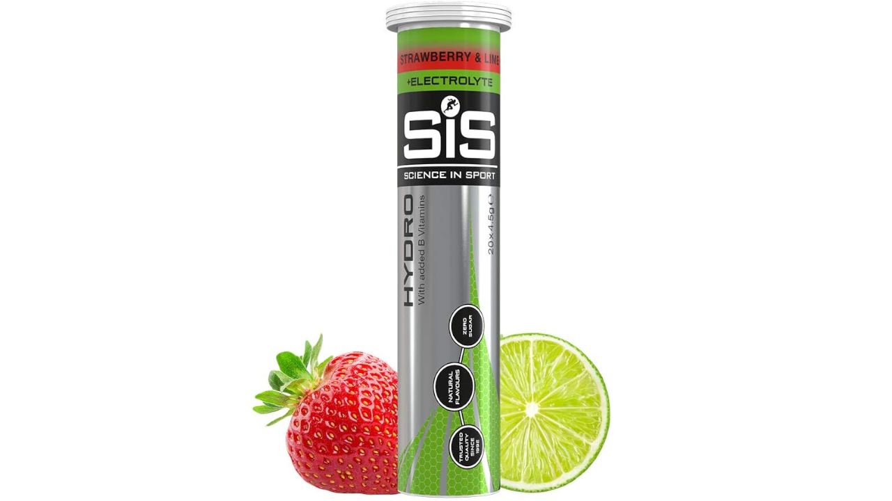 SiS Strawberry and Lime electrolyte drink tube with strawberry and lime slices
