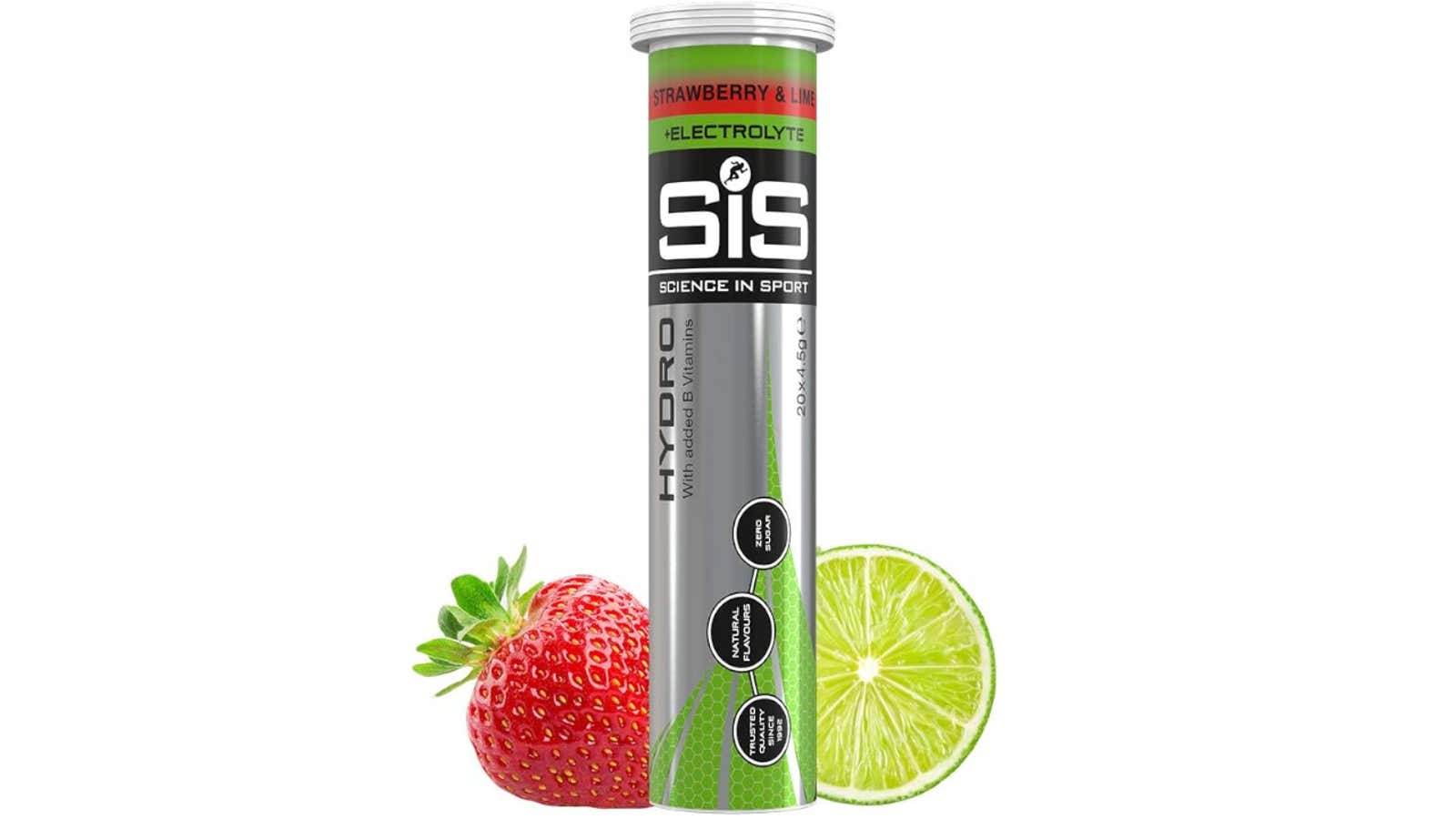 SiS Strawberry and Lime electrolyte drink tube with strawberry and lime slices