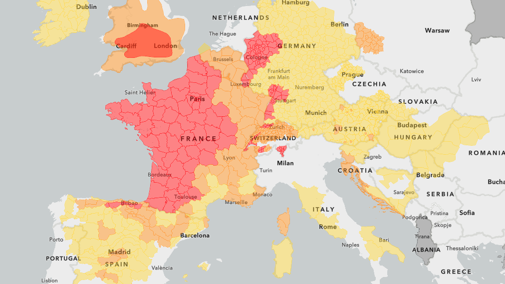 Rare red alerts for extreme heat are in effect across Europe.  Image captured from Meteoalarm.org