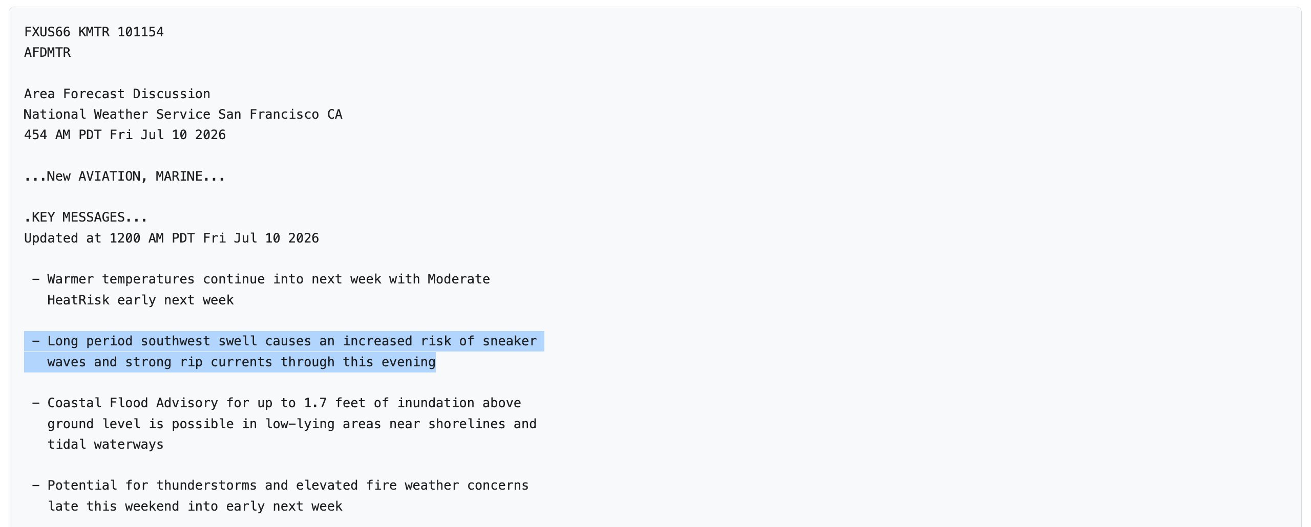 National Weather Service San Francisco area forecast discussion with highlighted marine hazards text