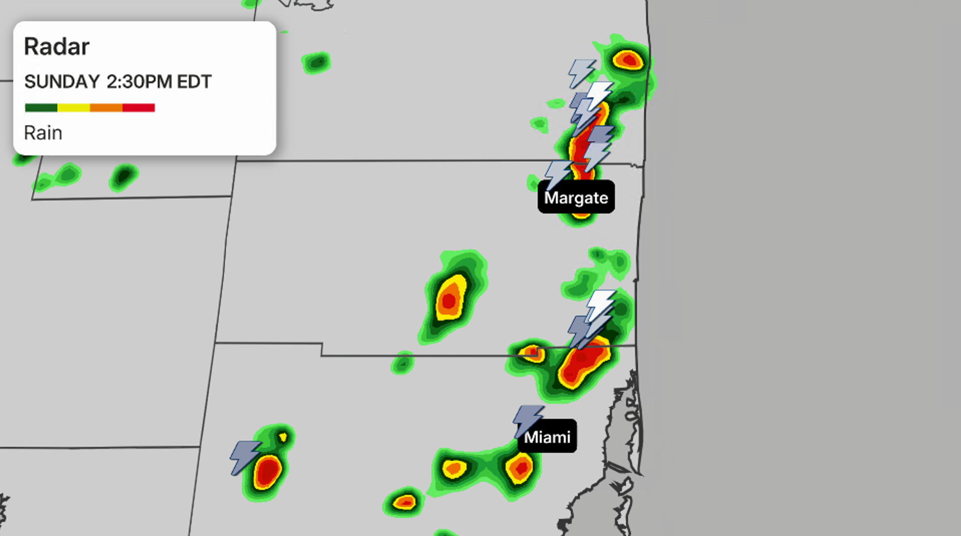 Weather radar map showing rain intensity and lightning near Margate and Miami, Florida, Sunday 2:30PM EDT.