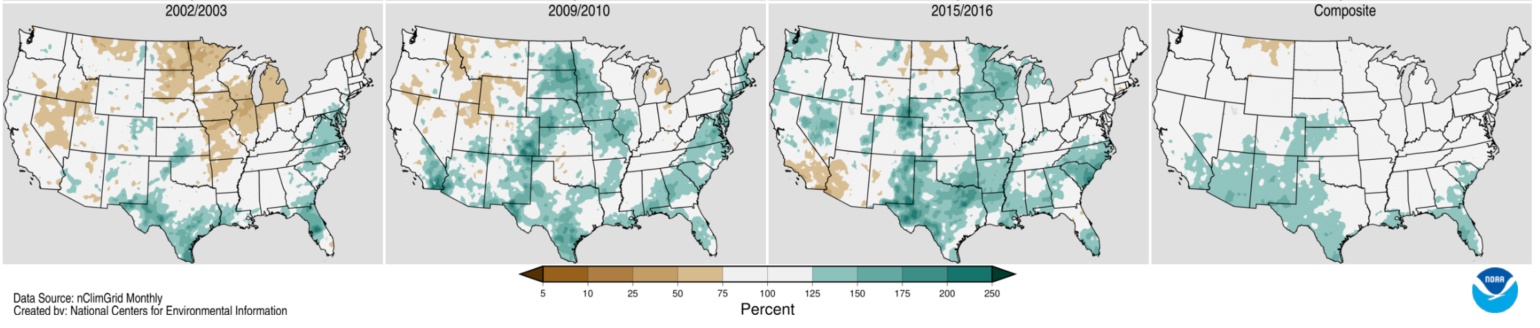 October&ndash;March precipitation as a percent of average during 11 strong El Ni&ntilde;o winters. The composite shows a wet lean across the southern tier &mdash; but no two events delivered the same map. 