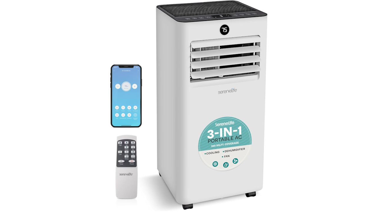 White Serenelife 3-in-1 portable air conditioner with digital display, smartphone showing app interface, and remote control