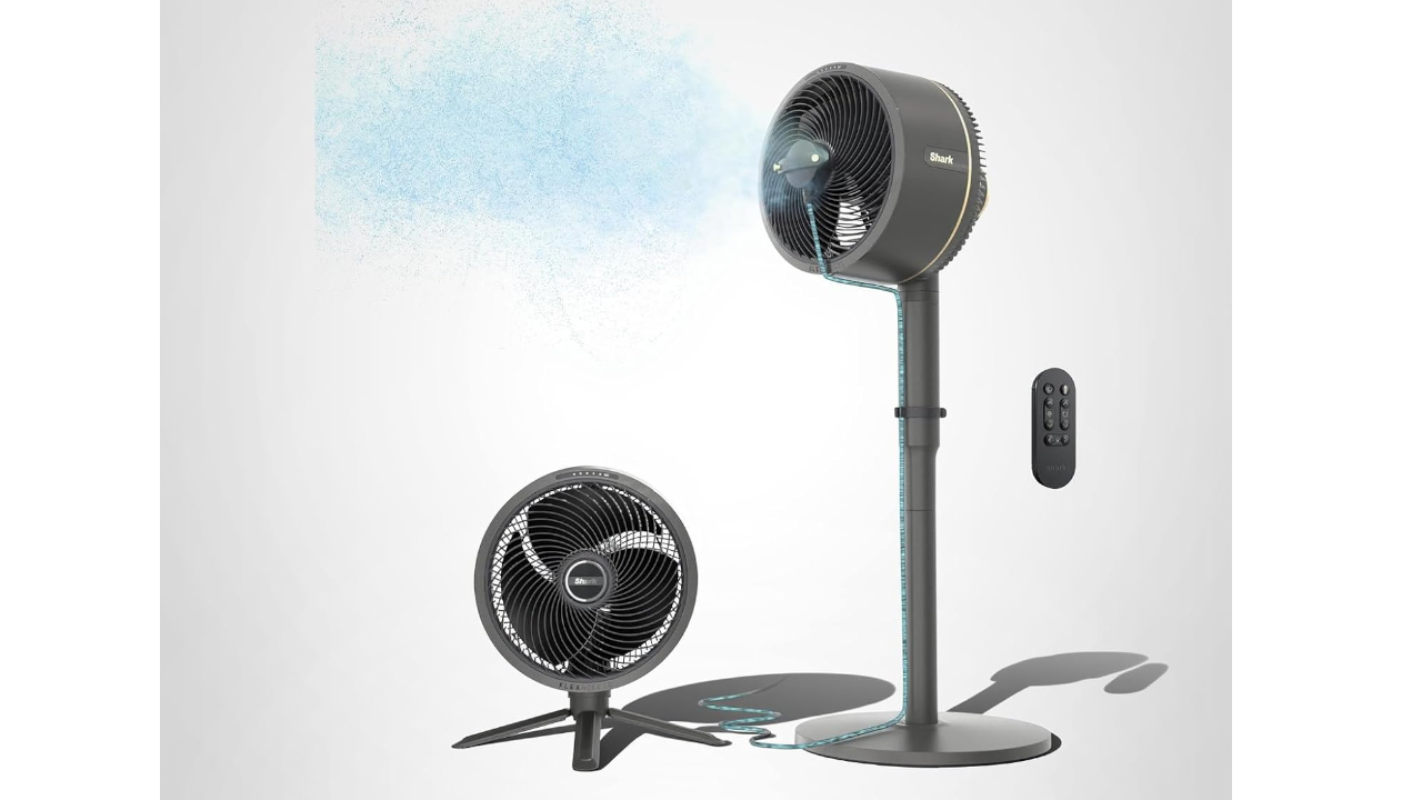 Two black Shark brand fans - a tabletop fan with tripod legs and a tall pedestal fan - with a remote control and blue airflow effect illustrated