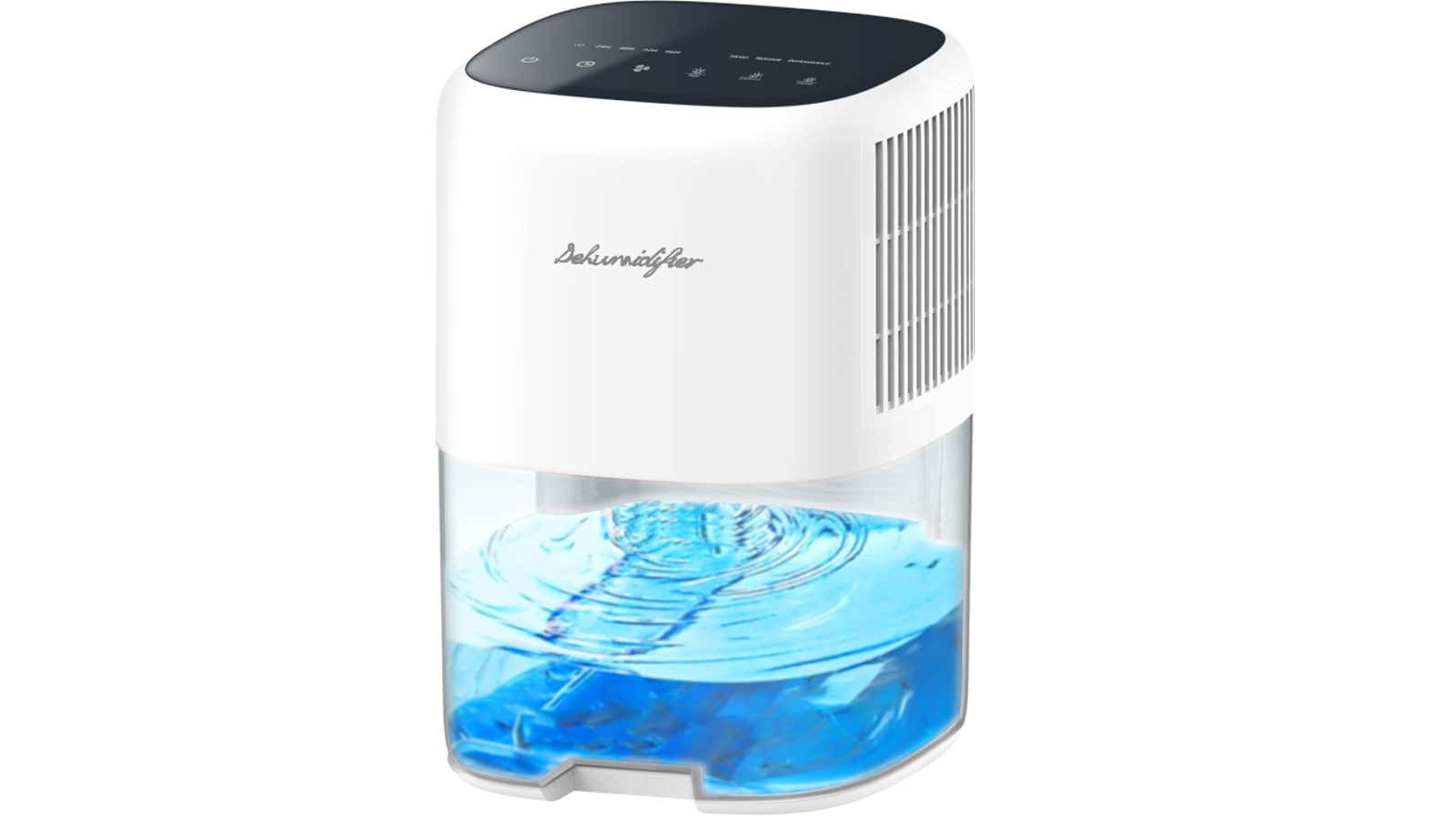 White compact dehumidifier with a black touch control panel and a transparent water tank showing rippling blue water