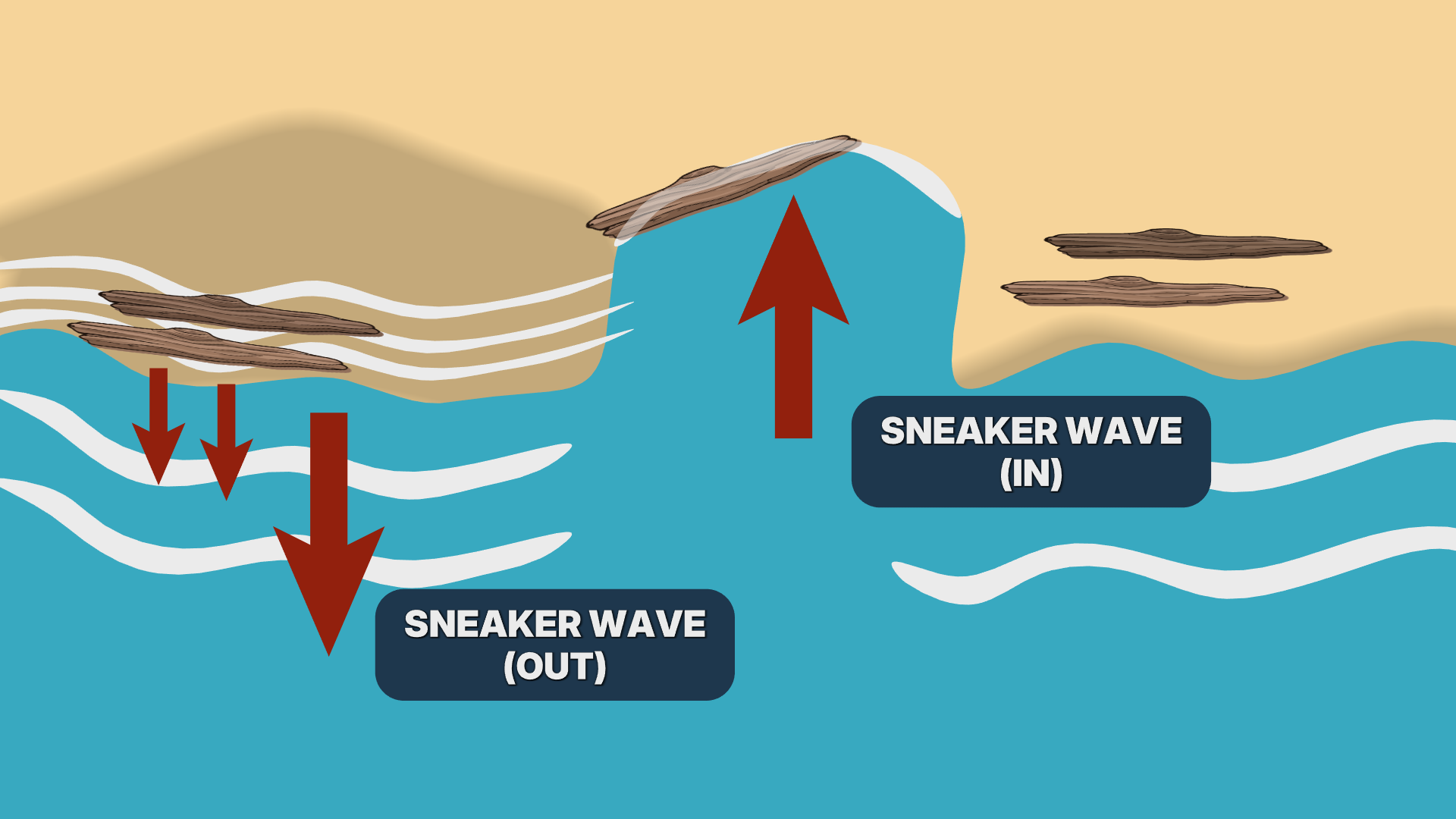Diagram of ocean sneaker waves with arrows labeled sneaker wave in and sneaker wave out