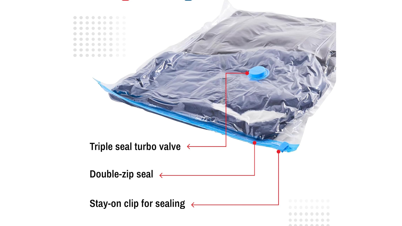 Vacuum storage bag with labeled features: triple seal turbo valve, double-zip seal, and stay-on clip for sealing