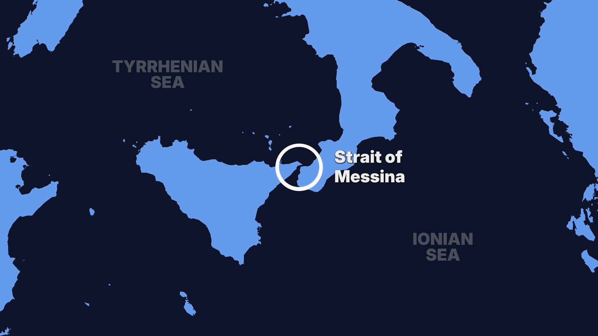 Map of southern Italy highlighting the Strait of Messina between Sicily and mainland Italy