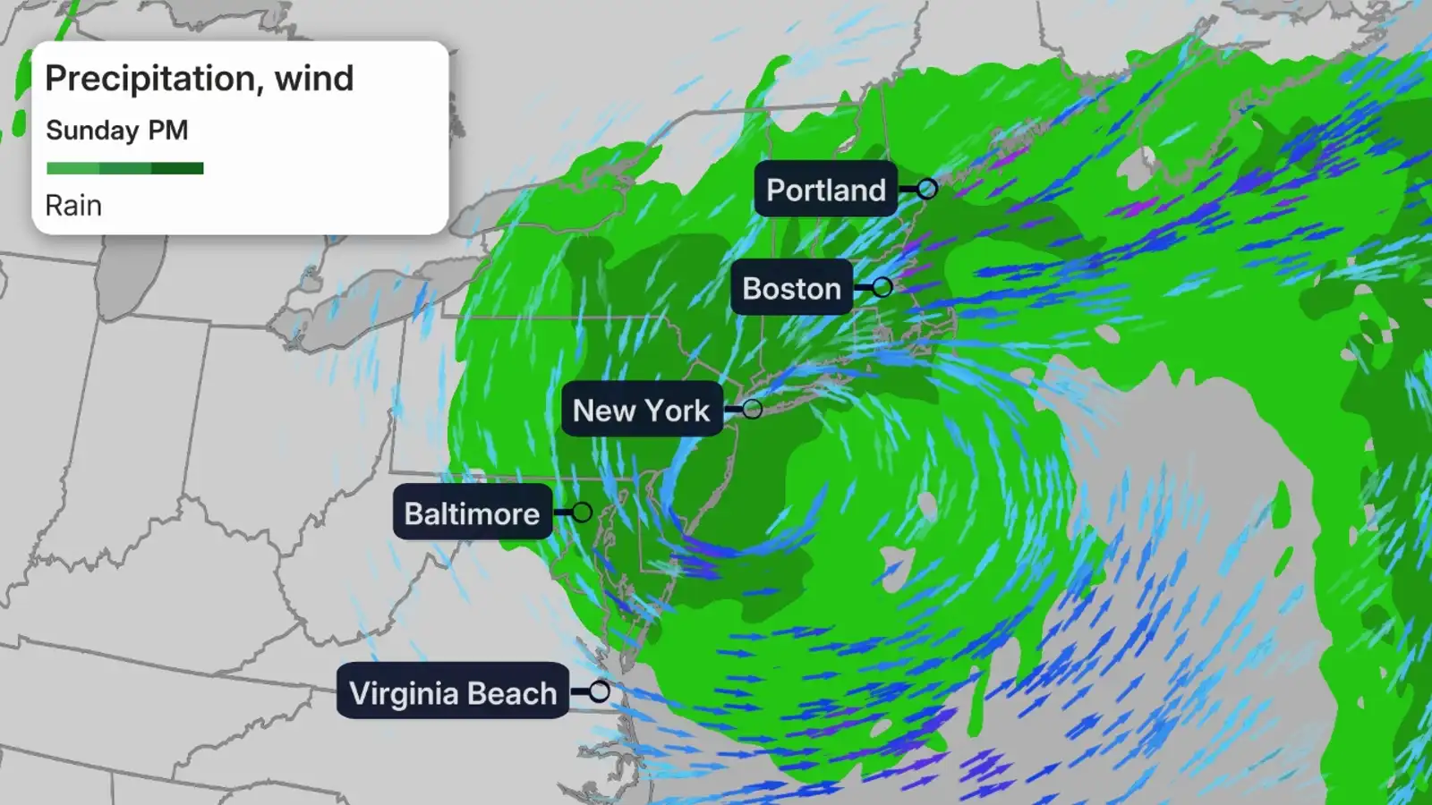 Weather map showing rain and wind forecast for Sunday PM across the Northeast US, with a storm system near New York, Boston, Portland, Baltimore, and Virginia Beach