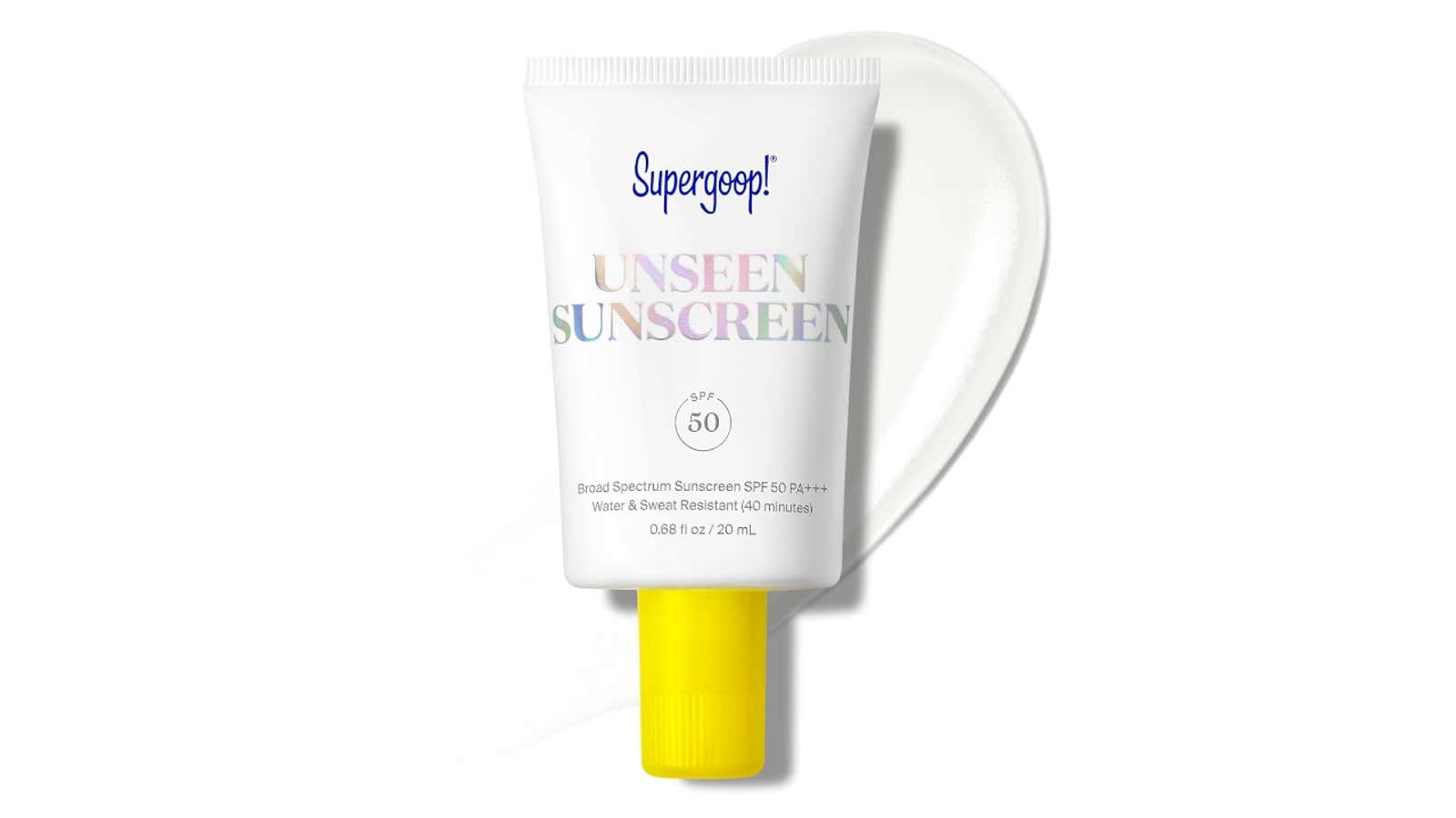 White tube of Supergoop! Unseen Sunscreen SPF 50 with yellow cap and product squeezed out beside it