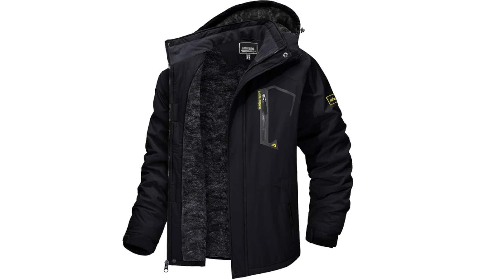 Black hooded outdoor jacket with fleece lining, zip pockets, and yellow logo patch on sleeve