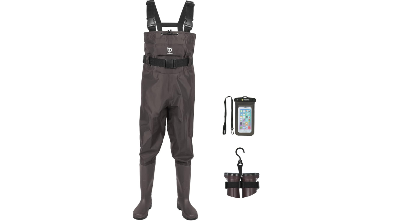 Dark wader pants with chest straps, phone case, and hanging boot accessory on white background