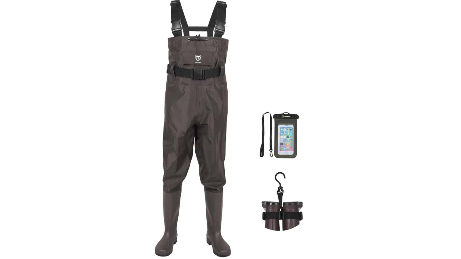 Dark wader pants with chest straps, phone case, and hanging boot accessory on white background
