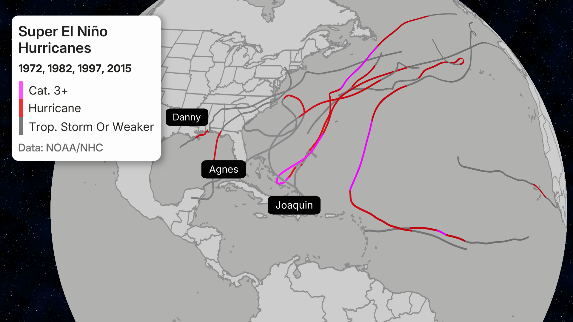 Map showing Super El Ni&ntilde;o hurricane tracks from 1972, 1982, 1997, and 2015 with colored lines representing storm intensity across the Atlantic basin, featuring hurricanes Danny, Agnes, and Joaquin