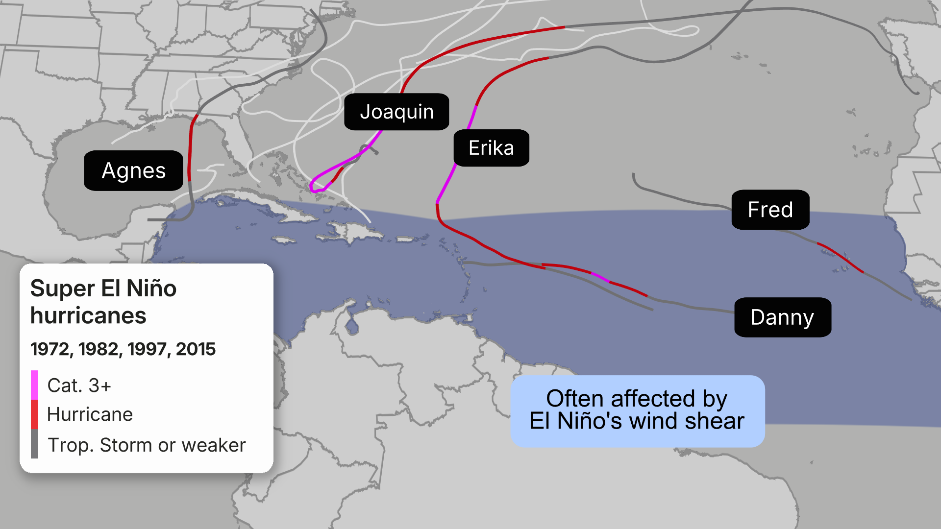 Map showing tracks of hurricanes Agnes, Joaquin, Erika, Fred, and Danny during Super El Ni&ntilde;o years 1972, 1982, 1997, and 2015