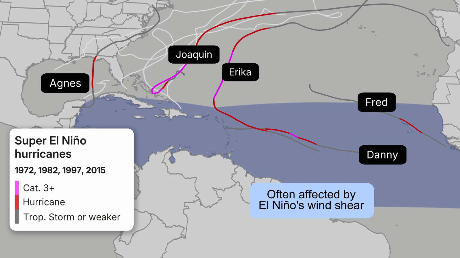 Tropical Storm Isaias could form in the Gulf later this week 6 Map showing the tracks of hurricanes Agnes, Joaquin, Erika, Fred and Danny during the Super El Niño years 1972, 1982, 1997 and 2015