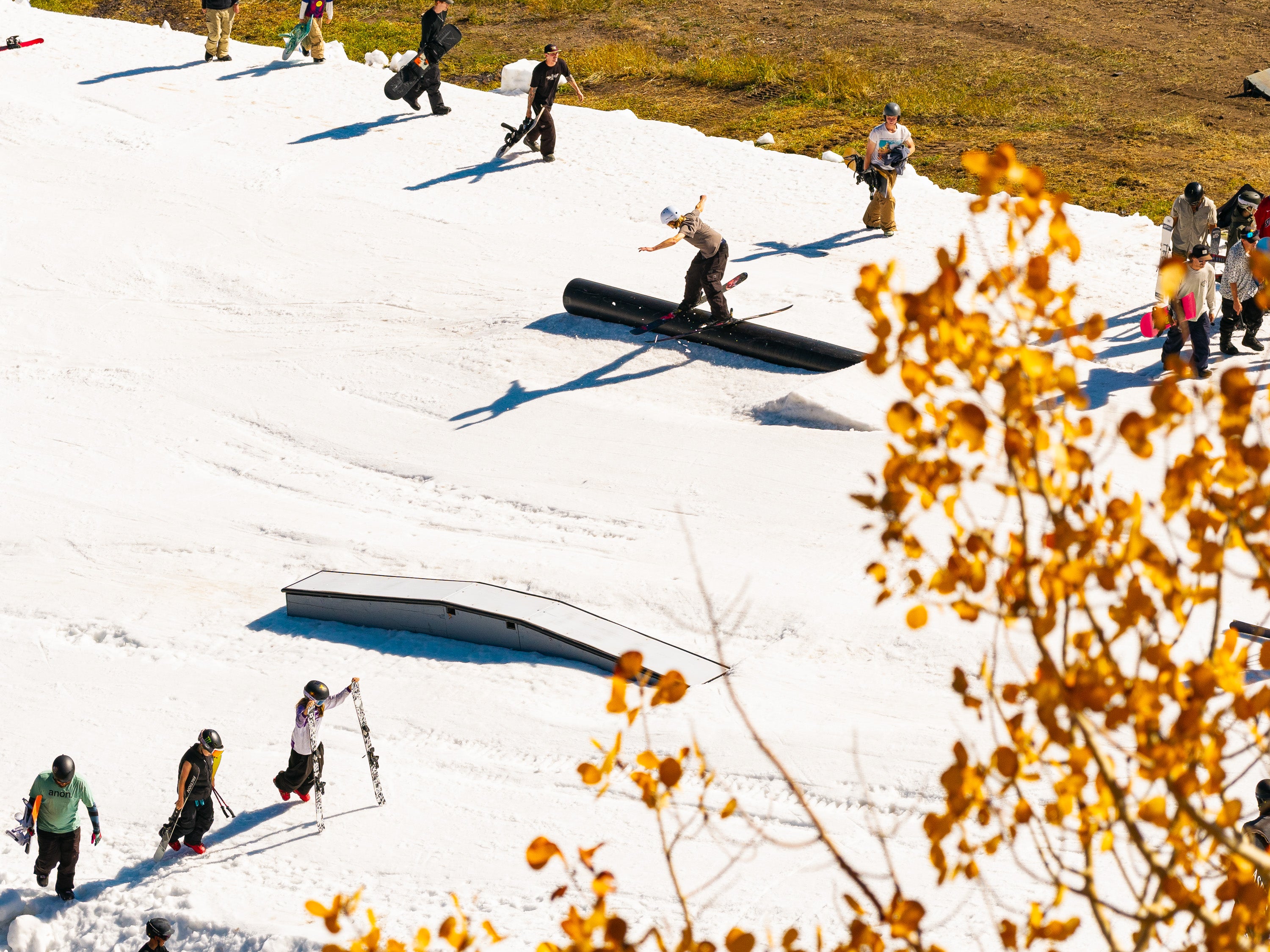 Aspen Snowmass hosted a rail jam weekend using last season's stored snow. 
