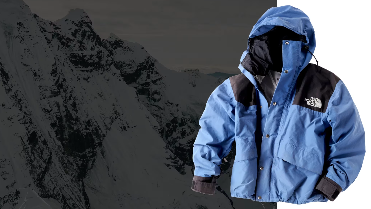 Blue and black The North Face hooded jacket displayed against a snowy mountain backdrop