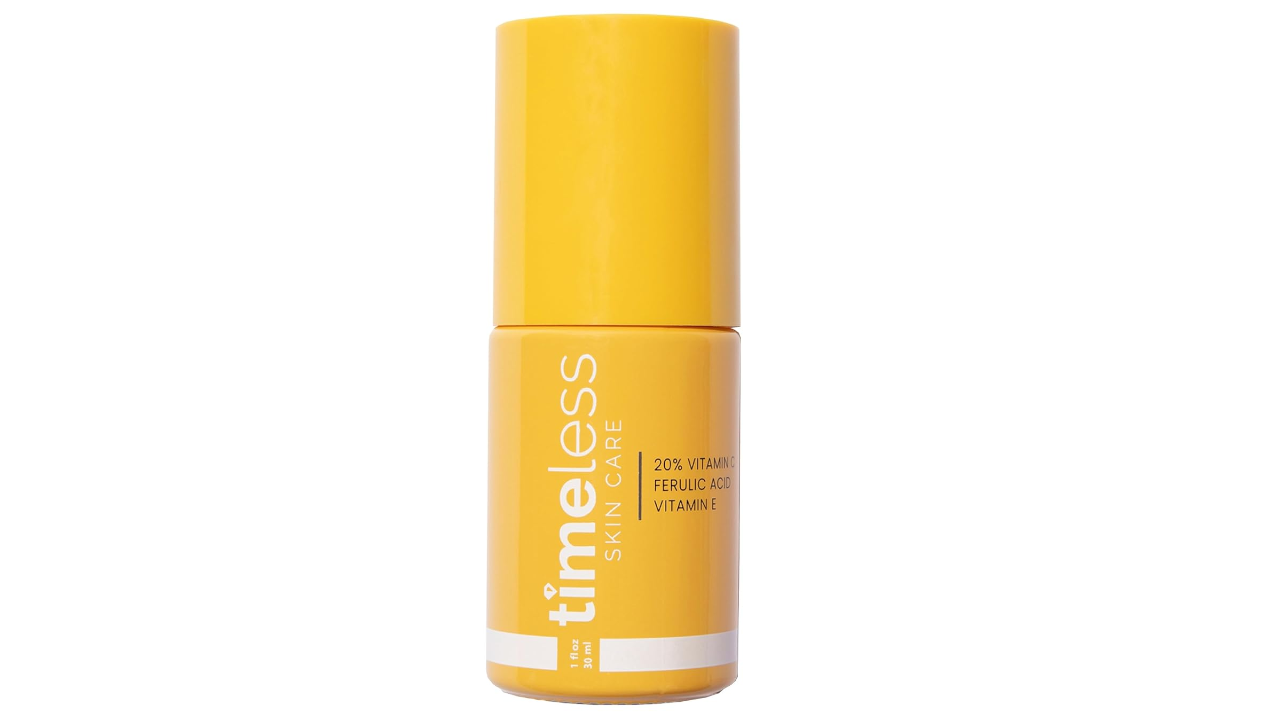 Yellow cylindrical skincare bottle labeled "timeless SKIN CARE" with "20% VITAMIN C FERULIC ACID VITAMIN E" text on white background