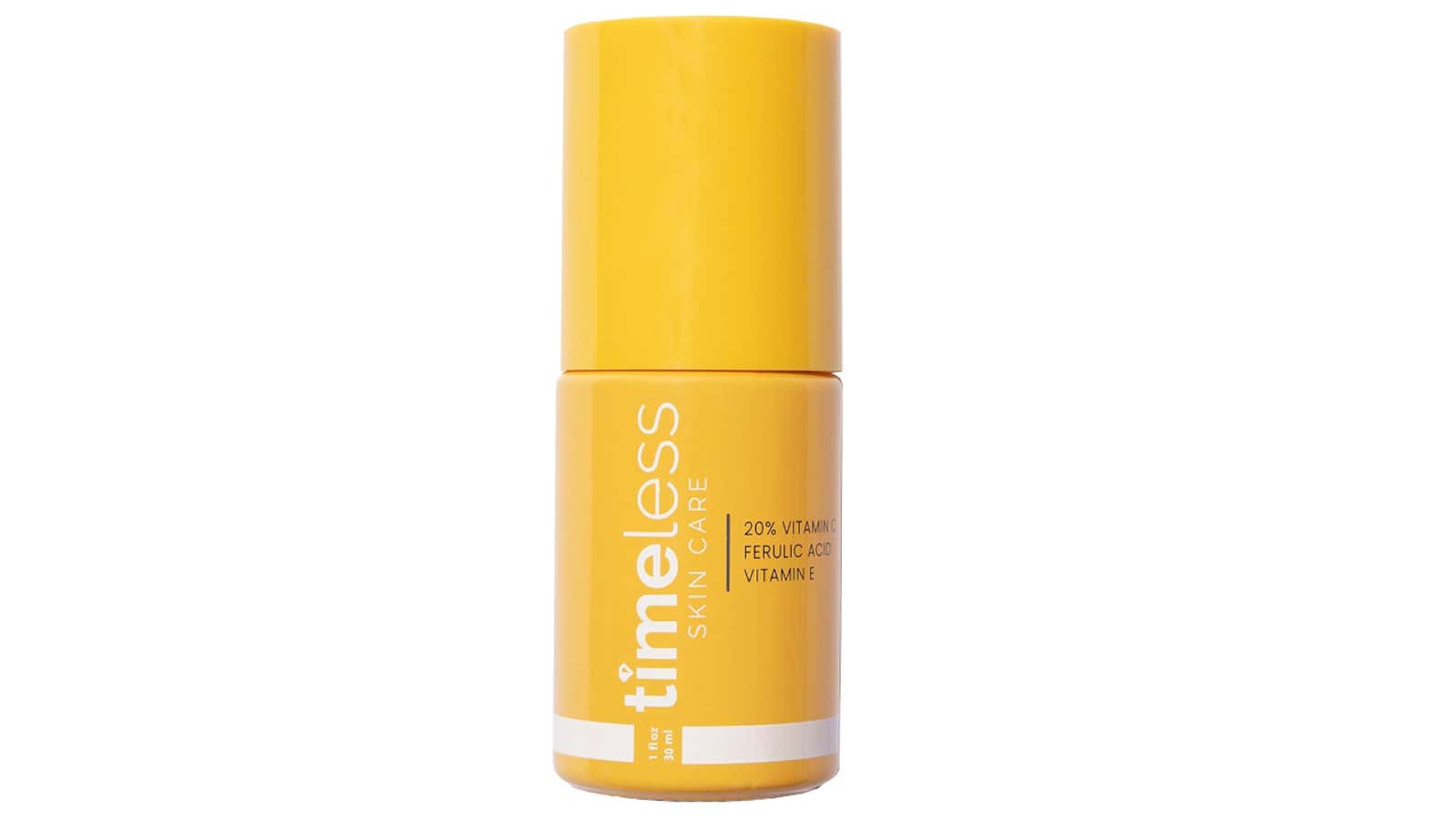 Yellow cylindrical skincare bottle labeled "timeless SKIN CARE" with "20% VITAMIN C FERULIC ACID VITAMIN E" text on white background