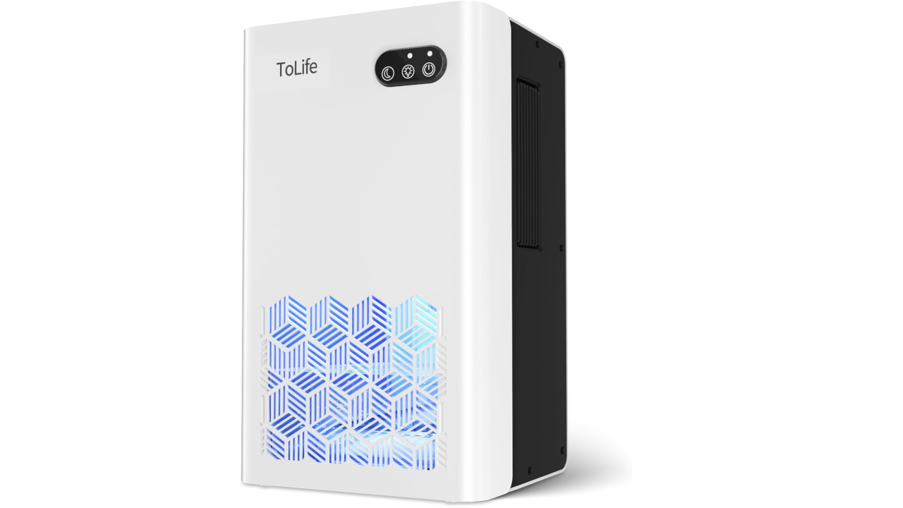 White ToLife air purifier with a hexagonal blue-lit vent panel and touch control buttons on top