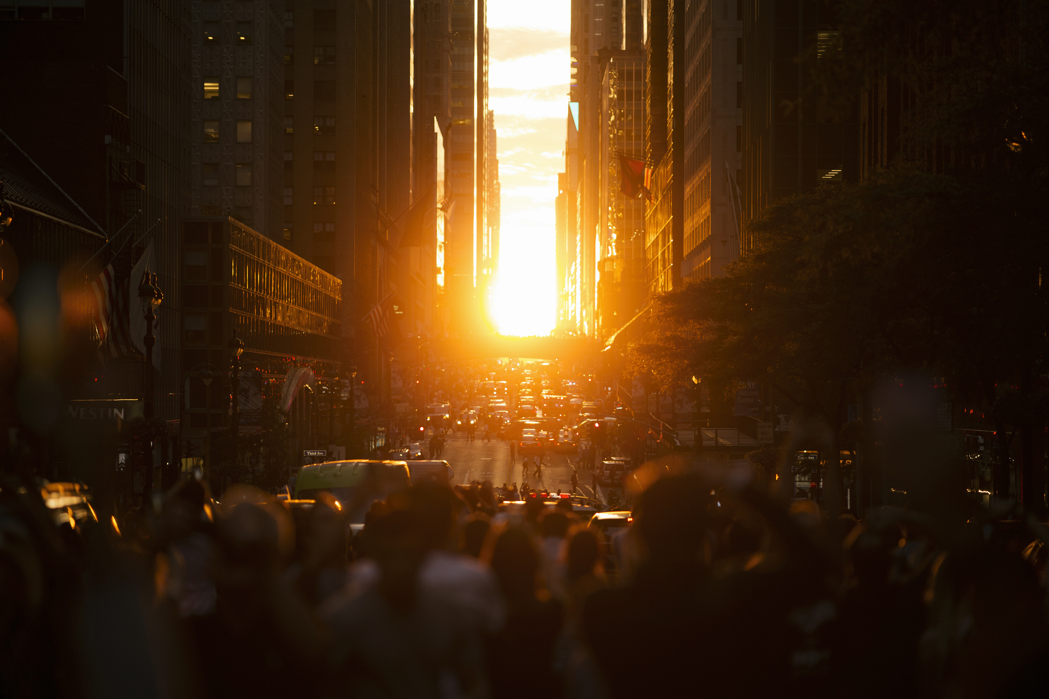 Observing Manhattenhenge in NYC summer sunset 