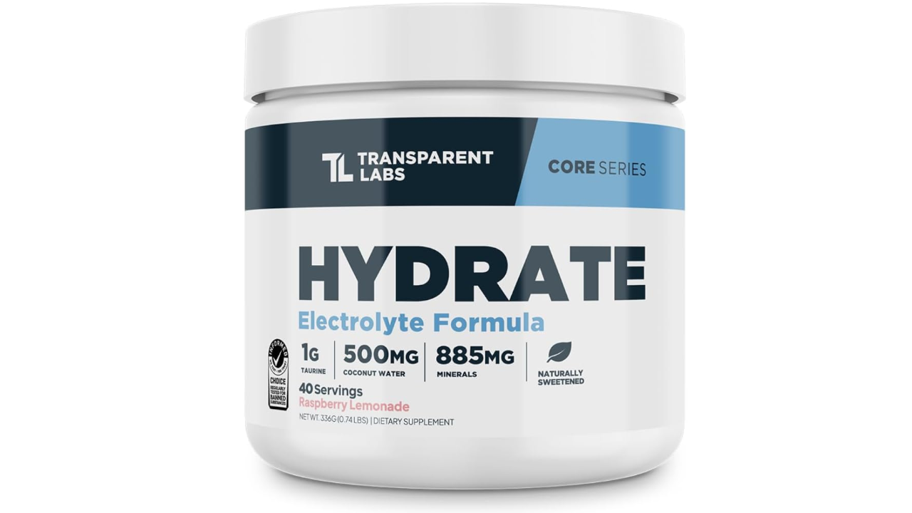 Transparent Labs Hydrate electrolyte formula jar, raspberry lemonade flavor, white container with blue label