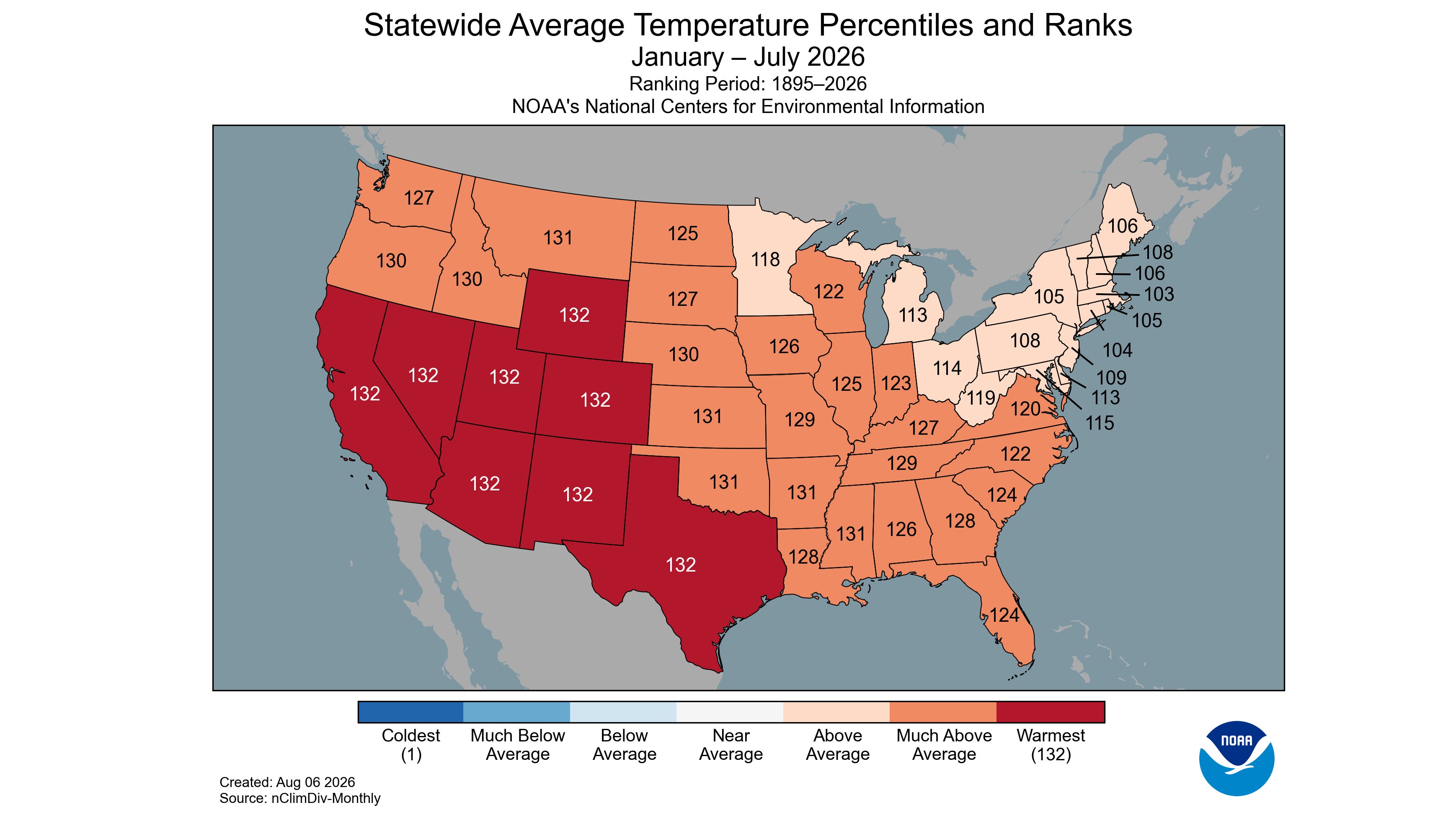 2026 year to date temperature states NOAA