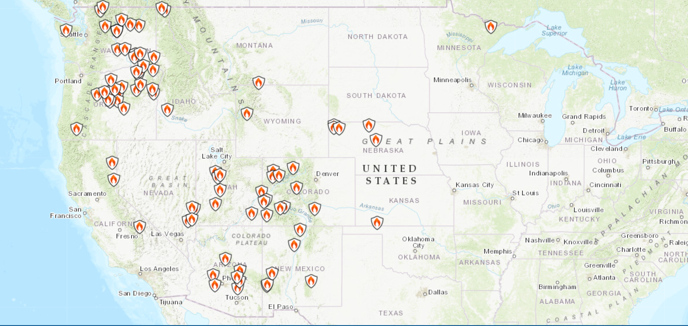 US large wildfire locations July 25 2026