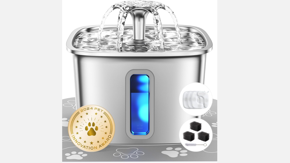 Stainless steel pet water fountain with flowing water streams, blue LED indicator light, and award medallion displaying paw print design