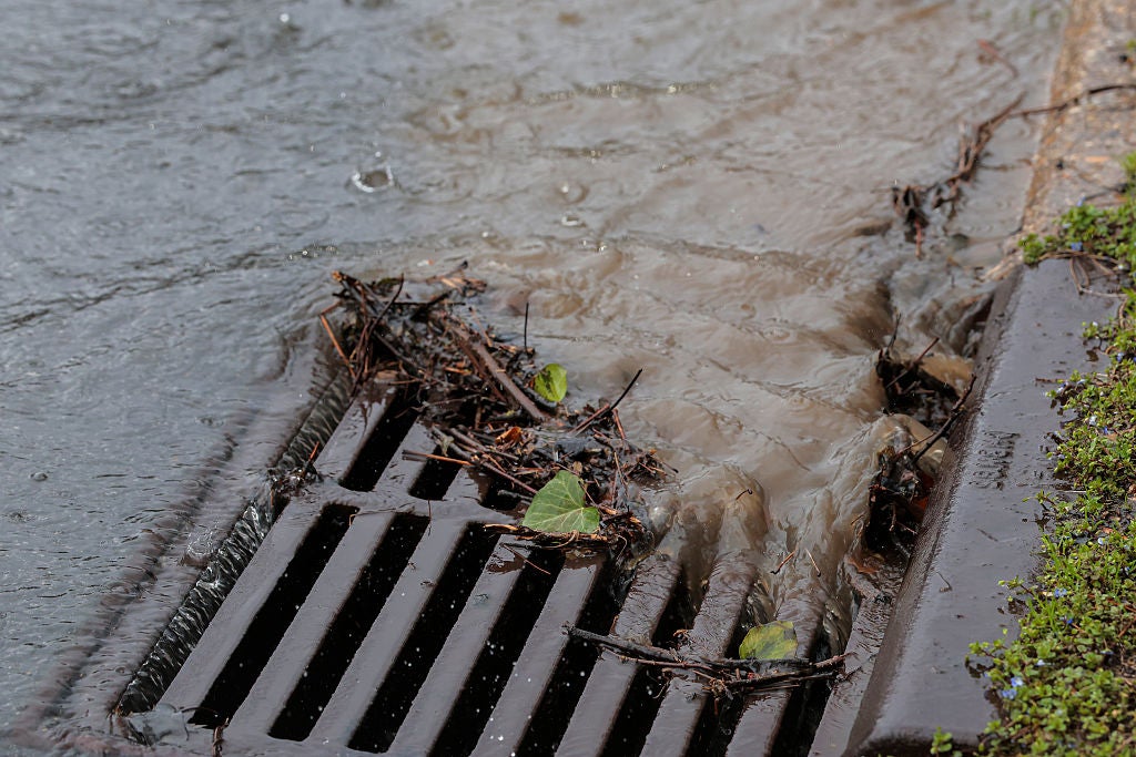 Rainwater flooding over a storm drain grate covered with leaves and debris beside a curb