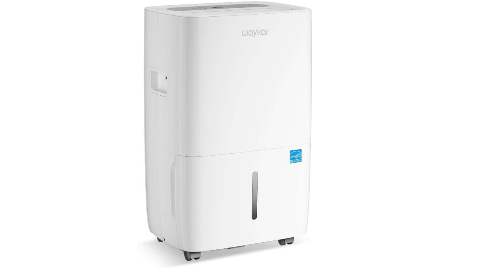 White Waykar dehumidifier with Energy Star label, control panel, and wheeled base on white background