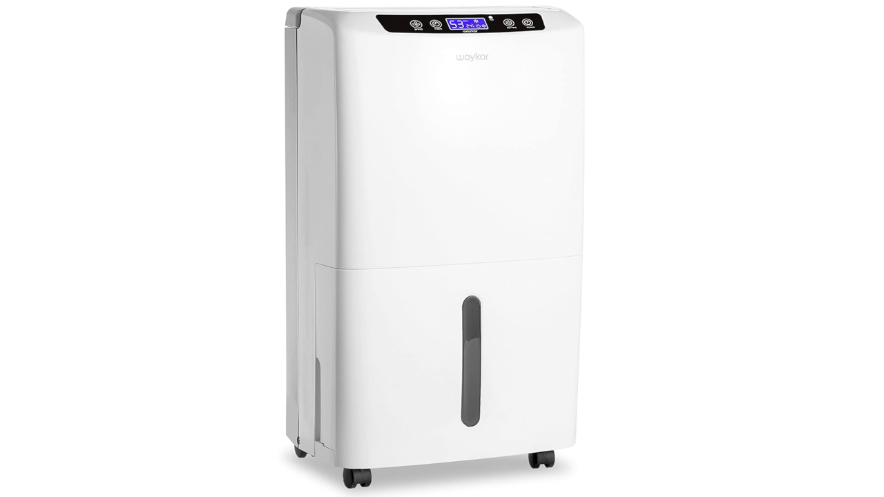 White dehumidifier on wheels with top control panel and front water level window