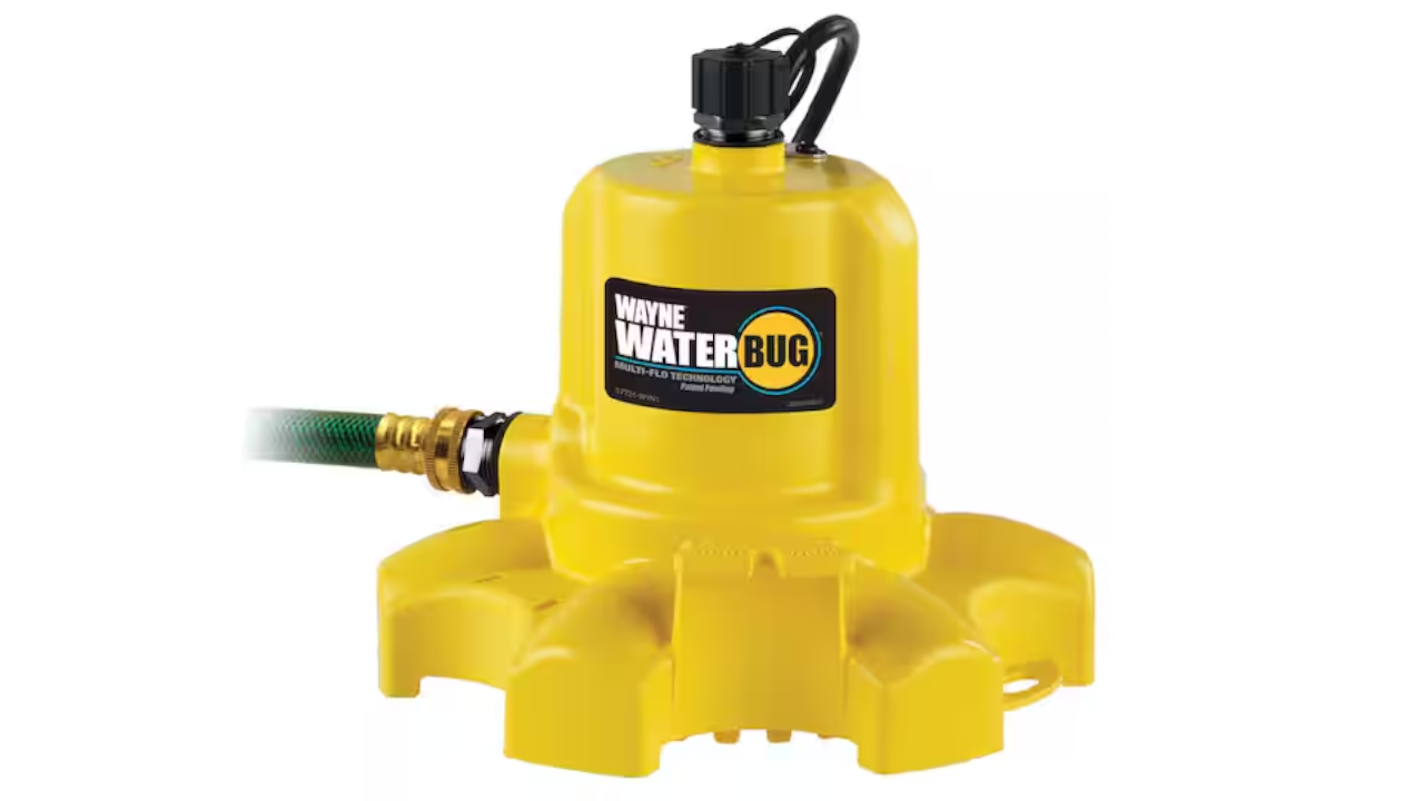 Yellow Wayne WaterBug submersible utility pump with attached hose on white background
