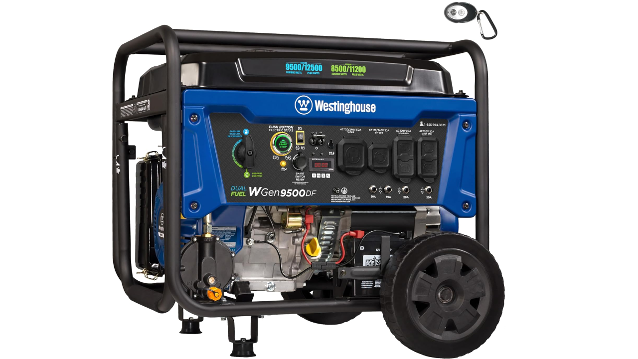 Blue Westinghouse dual fuel portable generator with wheels and control panel on white background