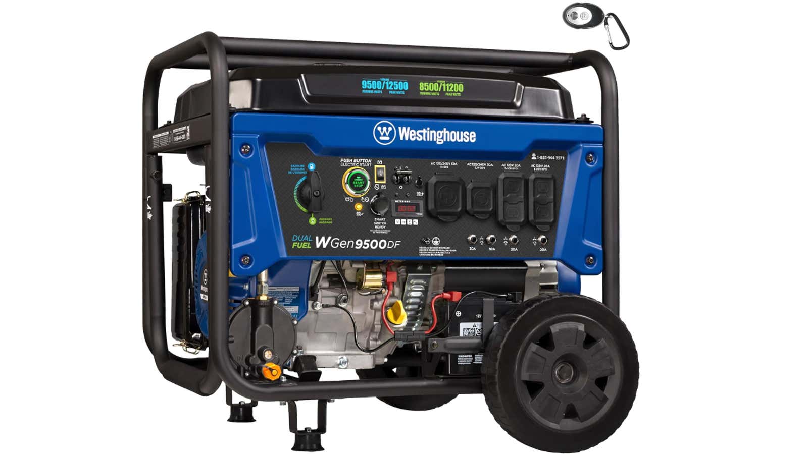 Blue Westinghouse dual fuel portable generator with wheels and control panel on white background