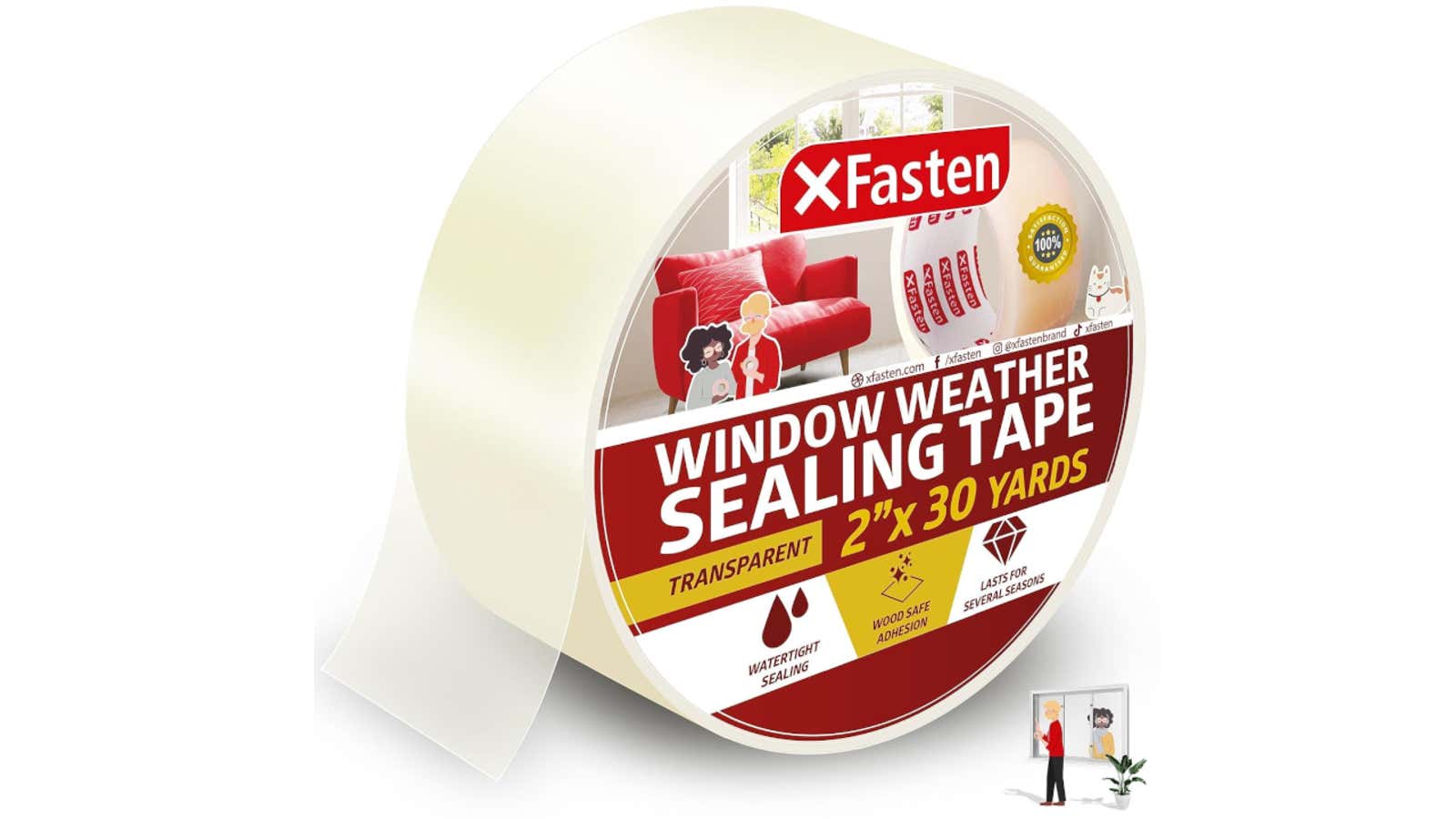 XFasten transparent window weather sealing tape roll, 2 inches by 30 yards, with watertight and wood-safe adhesion features