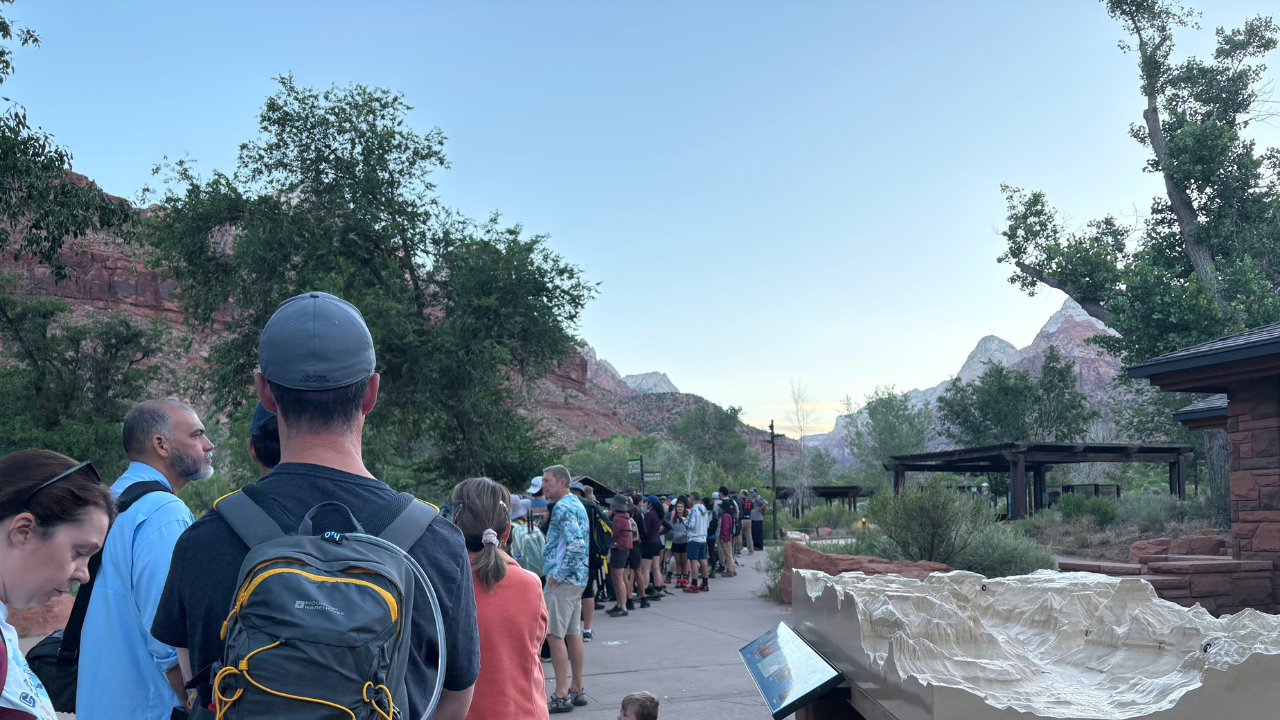 Line for shuttle at Zion National Park 