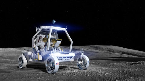 This rendering shows Astrolab&rsquo;s CLV-1 rover on the lunar surface. NASA selected Astrolab as one of two providers of a crewed lunar rover for the Artemis program. 