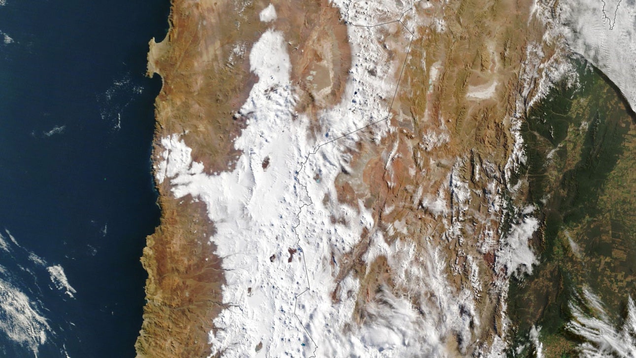 A blanket of snow spans a vast area of northern Chile, from the Andes to near the Pacific coast, captured in this image on August 19, 2026, by the MODIS (Moderate Resolution Imaging Spectroradiometer) on NASA's Terra satellite.