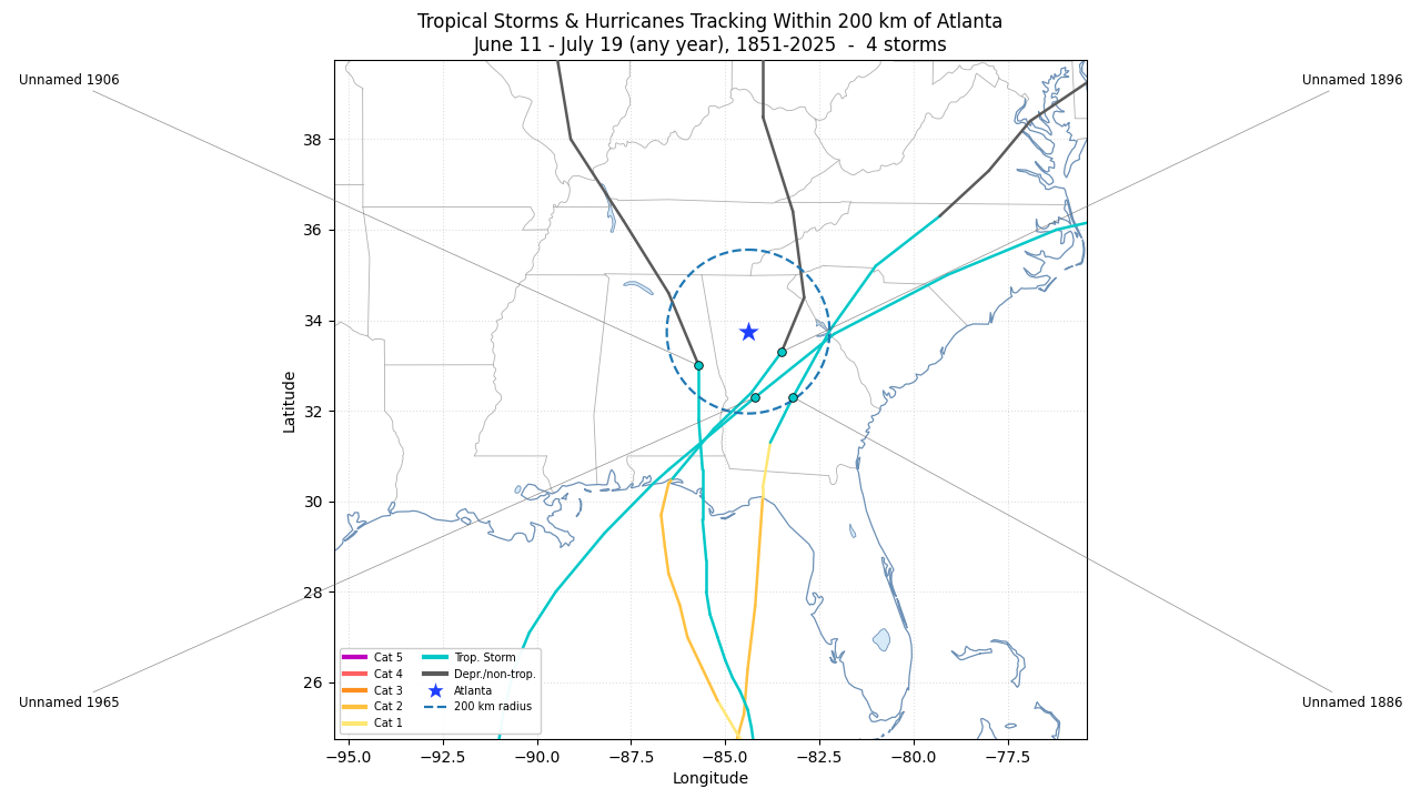 Atlanta tropical storms hurricanes map mid-June through mid-July
