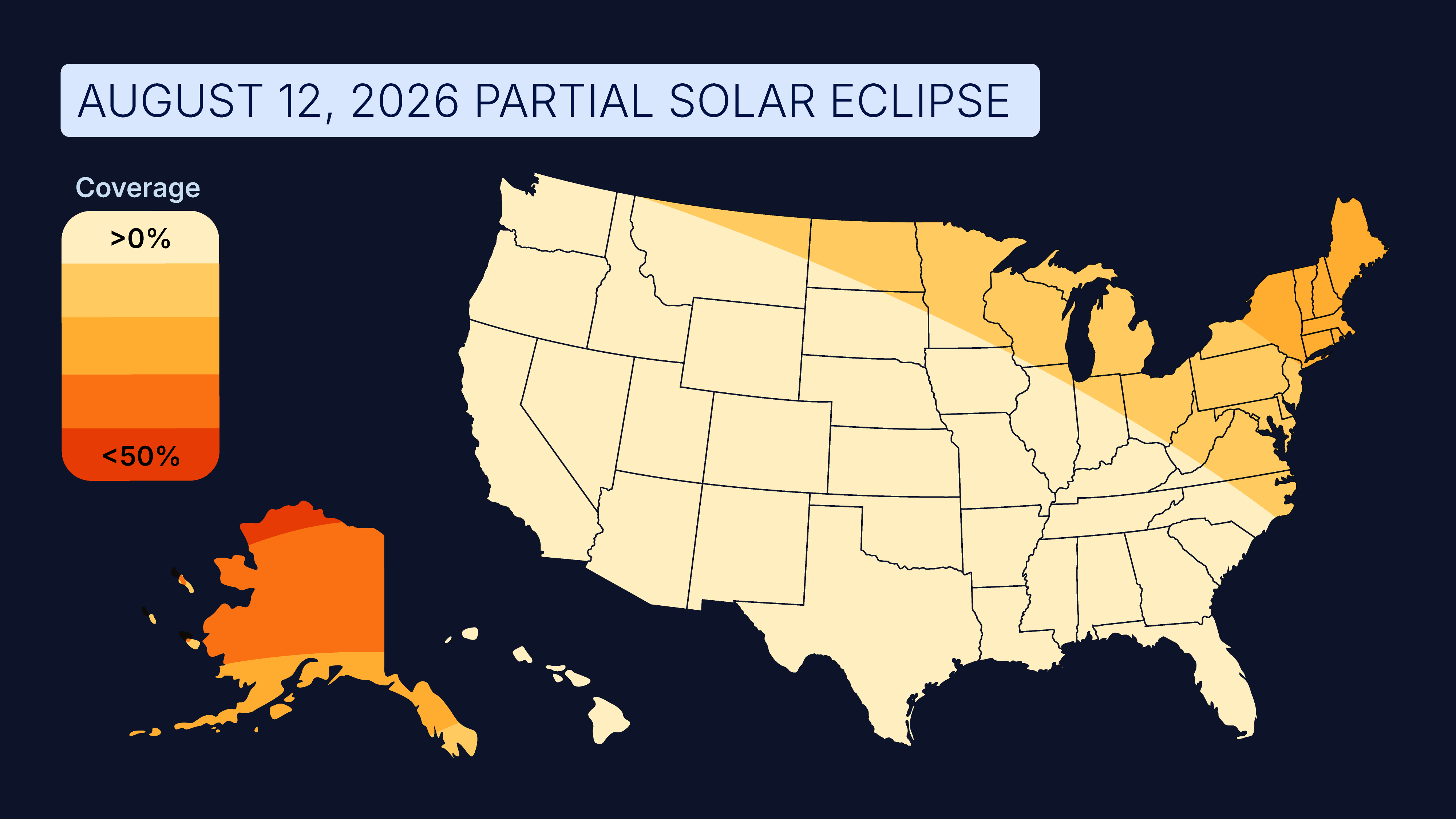 A map of where the partial solar eclipse on August 12, 2026 will be viewable, by state and how much of the moon will be covering the sun.
