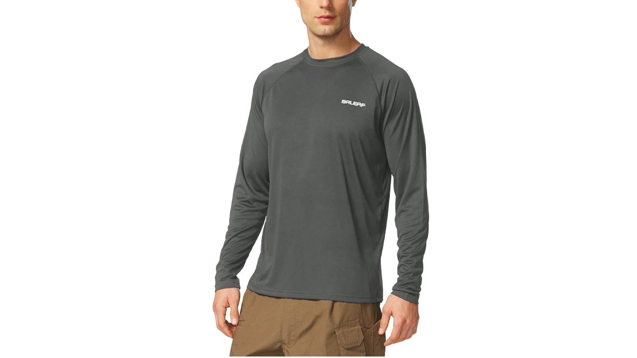 Man wearing gray long-sleeve athletic shirt with white BALEAF logo and tan cargo pants against white background
